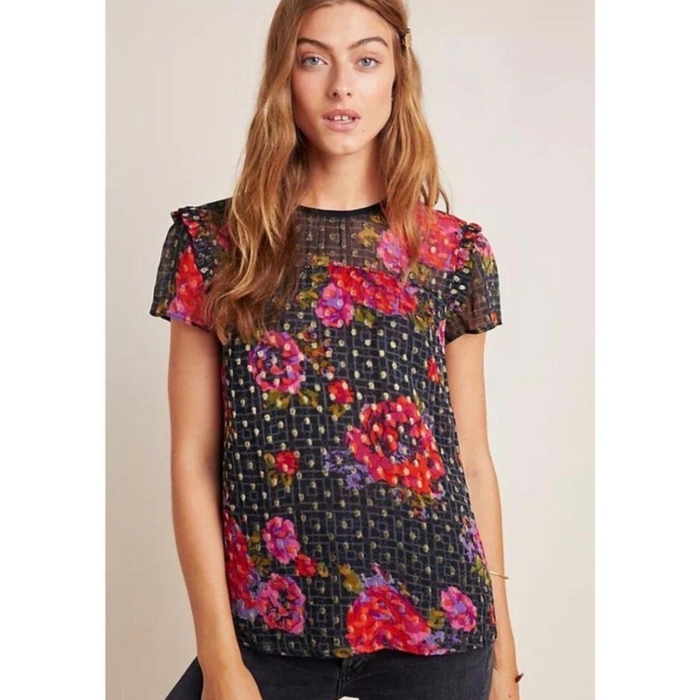 Anthropologie Fiorella Floral Sheer Metallic Dots Blouse Top Bright Lined Beads